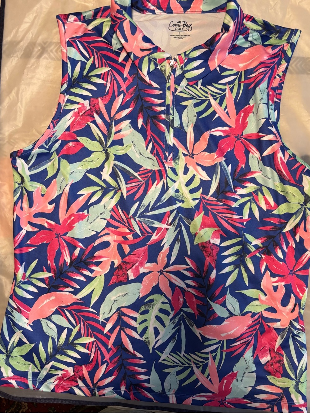 Coral Bay Navy Sleeveless Tropical Zip Polo with Pink & Green Leaves